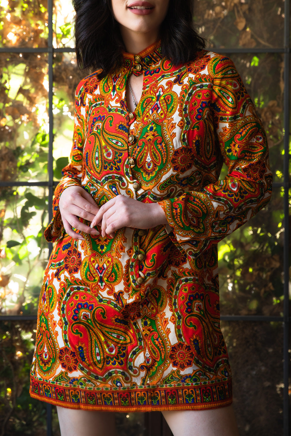 Vintage 1960s Bright Psychedelic Paisley Print Mini Dress with Bell Sl   Tall Tale Vintage