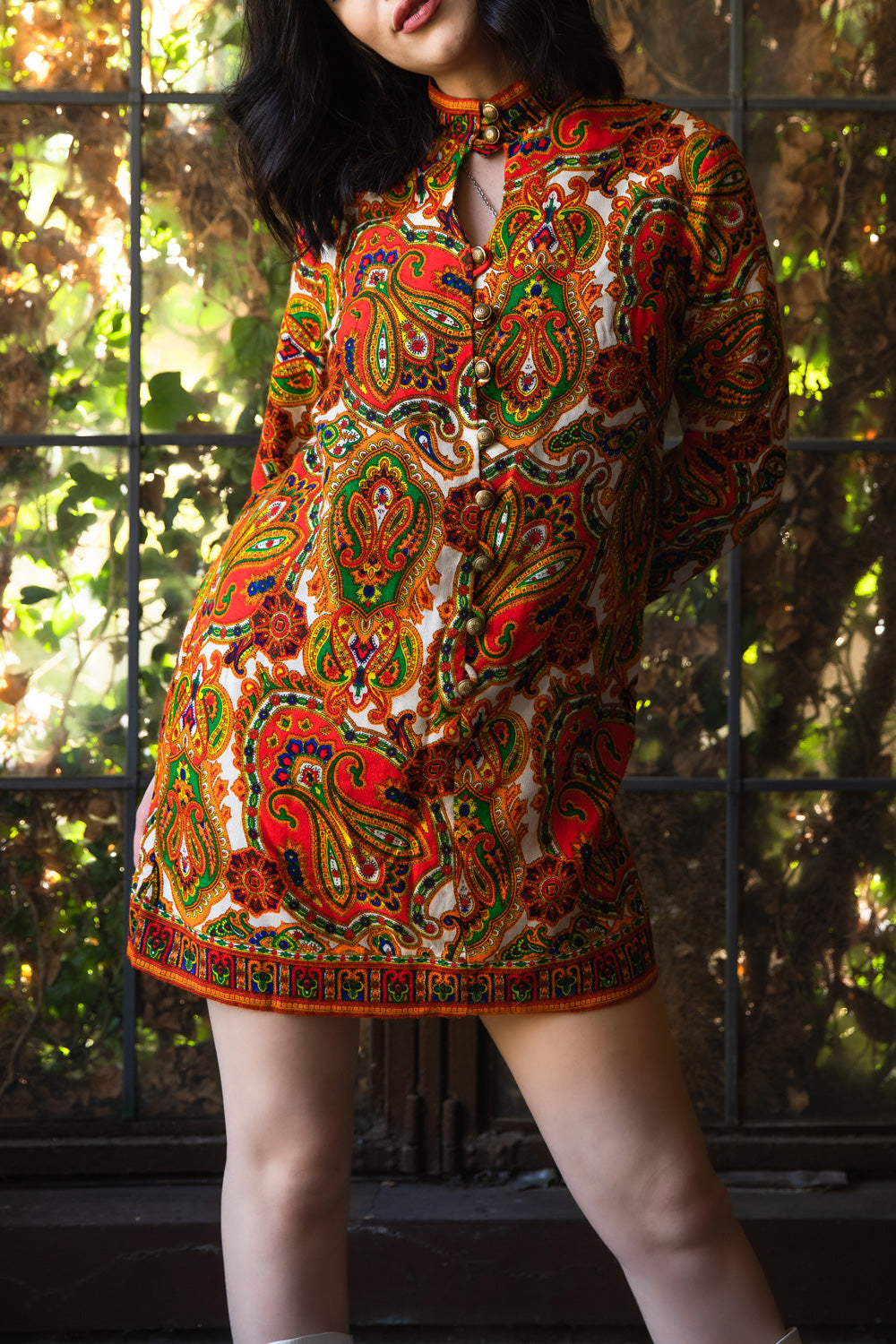 mini dress 1960s 60s Vintage Orange Green Print Cotton Shift Dress, Vera The Hip Zipper Nashville