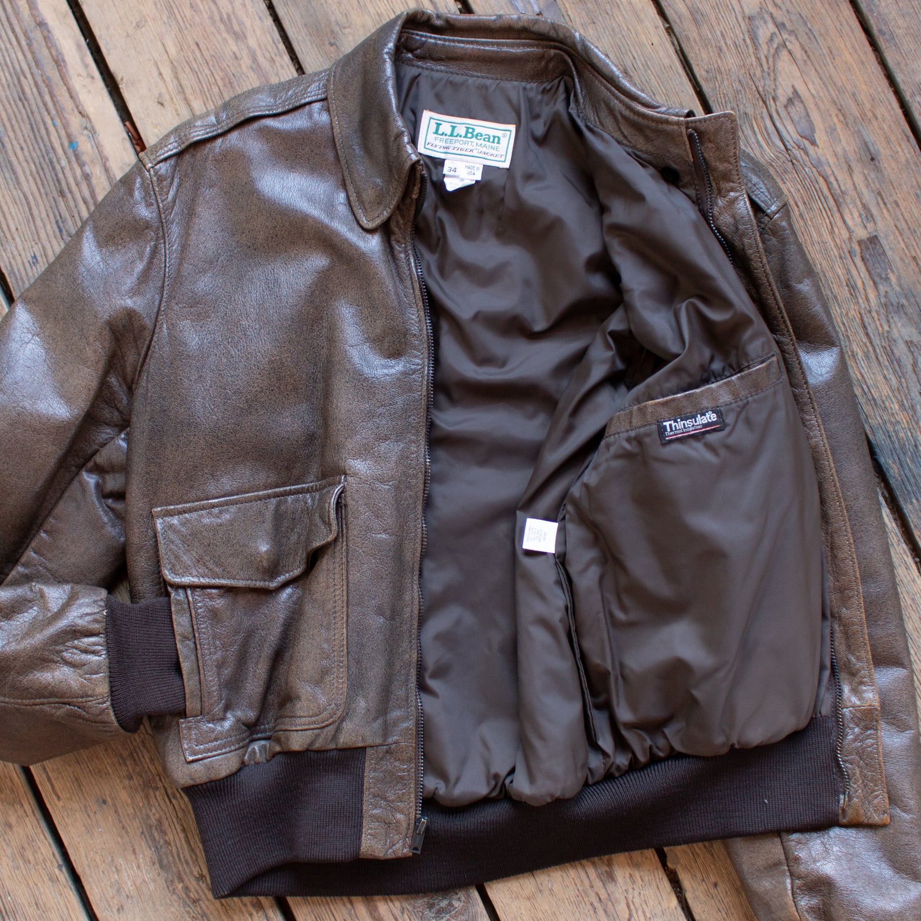 Vintage 1980s LL Bean Leather A2 Flying Tigers Jacket - Small